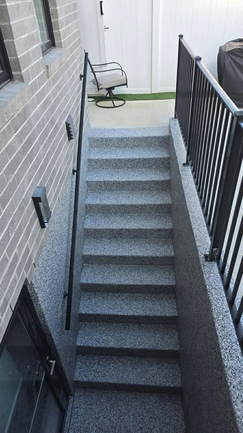 Exterior concrete stairs finished with flake coating